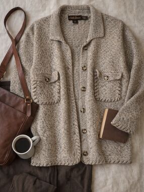 Eddie Bauer Vintage Wool Blend Knit Cardigan Taupe Neutral Cozy Layer XS Petite